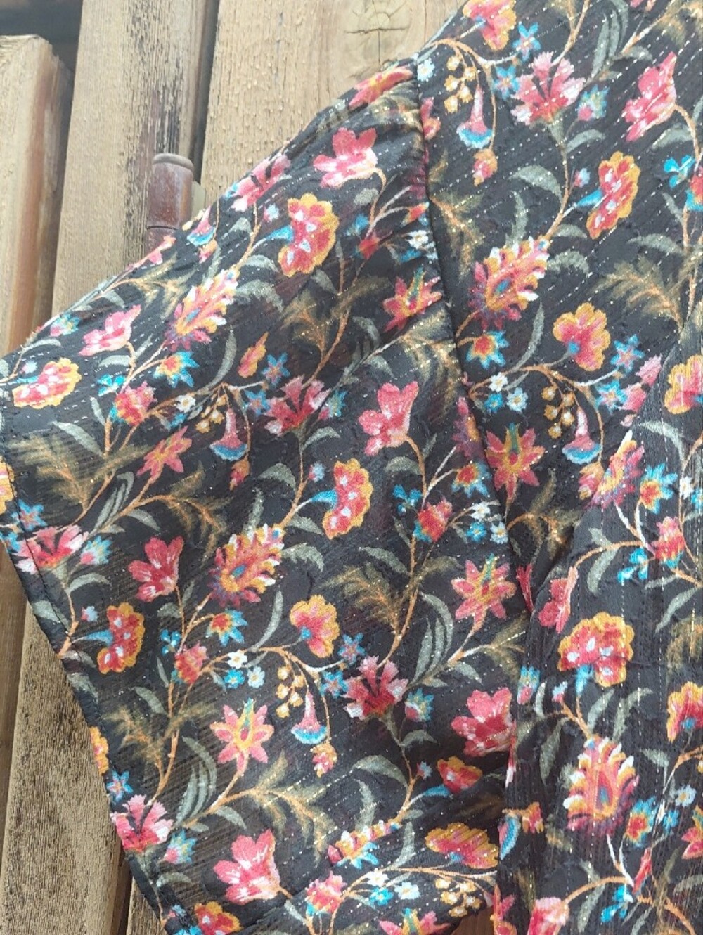 LOFT Black Floral Short-Sleeve Peasant Blouse with Pink & Red Flowers - Picture 8 of 11